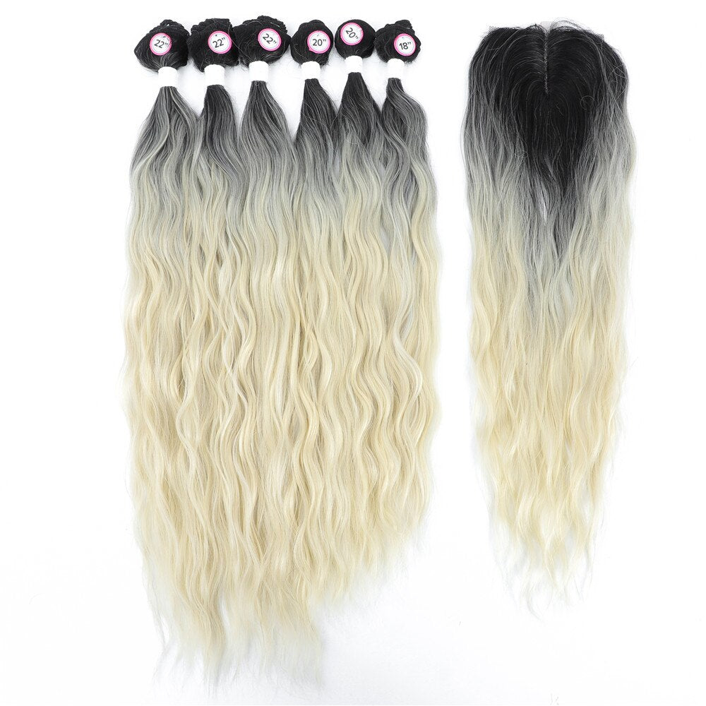 Synthetic Hair Bundles With Closure Middle Part Rose Pink Ombre Color Hair Extensions Weave For Women Long Natural Wave