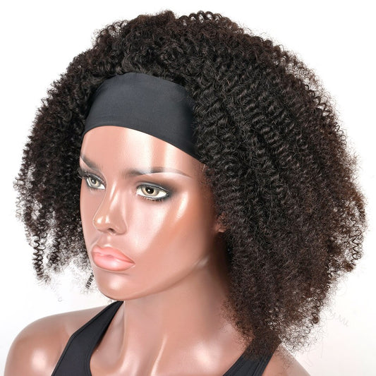 Kinky Curly Glueless Virgin Brazilian Hair Headband Wig With Pre-attached Scarf
