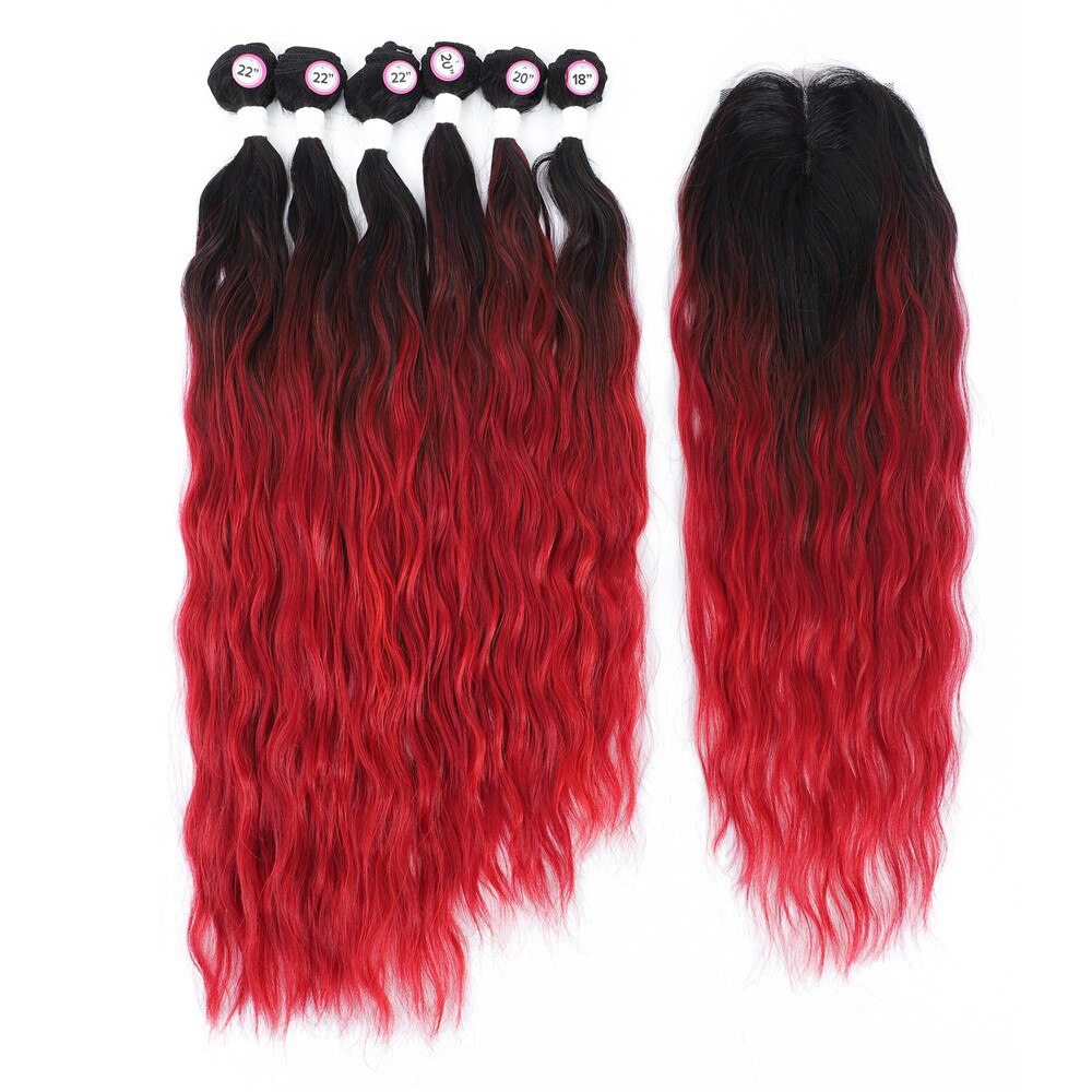 Synthetic Hair Bundles With Closure Middle Part Rose Pink Ombre Color Hair Extensions Weave For Women Long Natural Wave