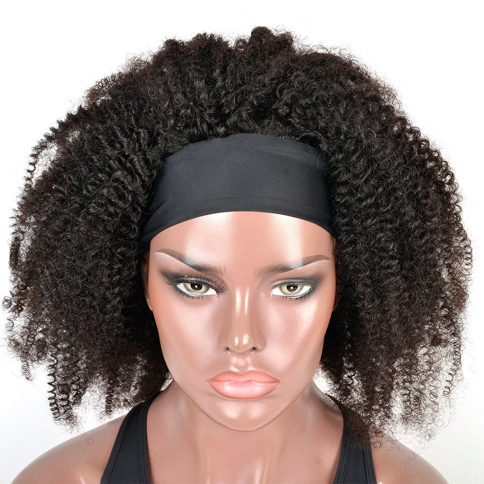 Kinky Curly Glueless Virgin Brazilian Hair Headband Wig With Pre-attached Scarf