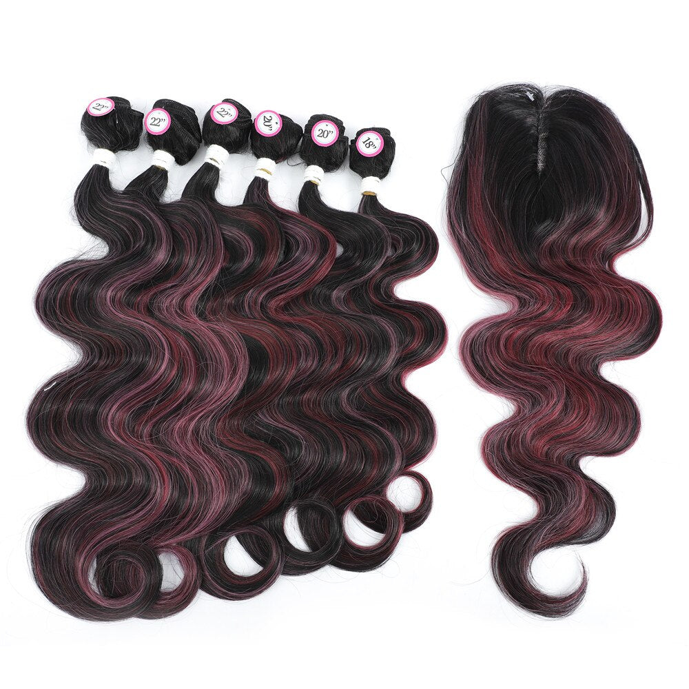 Pink Highlights Black 6 Synthetic Bundles With Closure