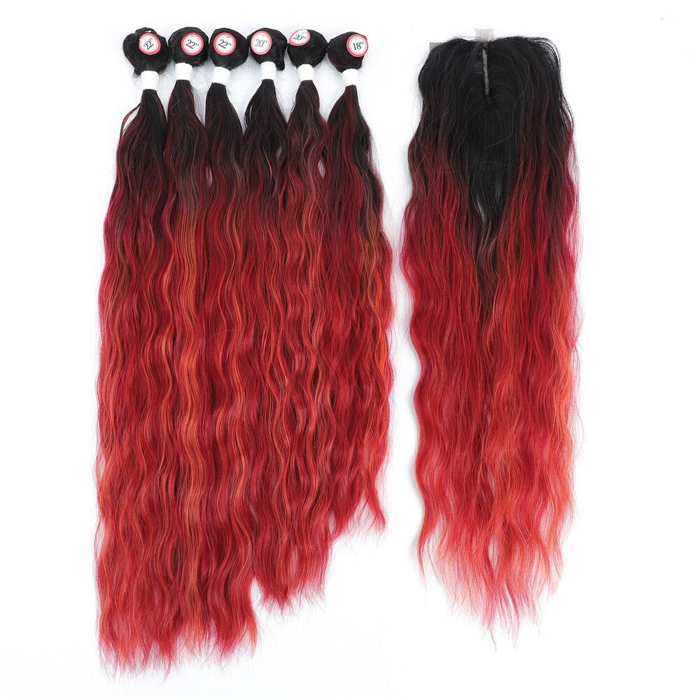 Synthetic Hair Bundles With Closure Middle Part Rose Pink Ombre Color Hair Extensions Weave For Women Long Natural Wave