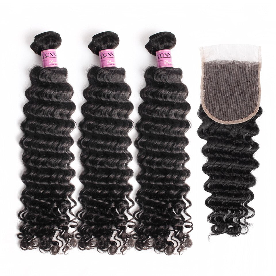 Deep Wave Virgin Brazilian Hair 3 Bundles With 4x4 Closure