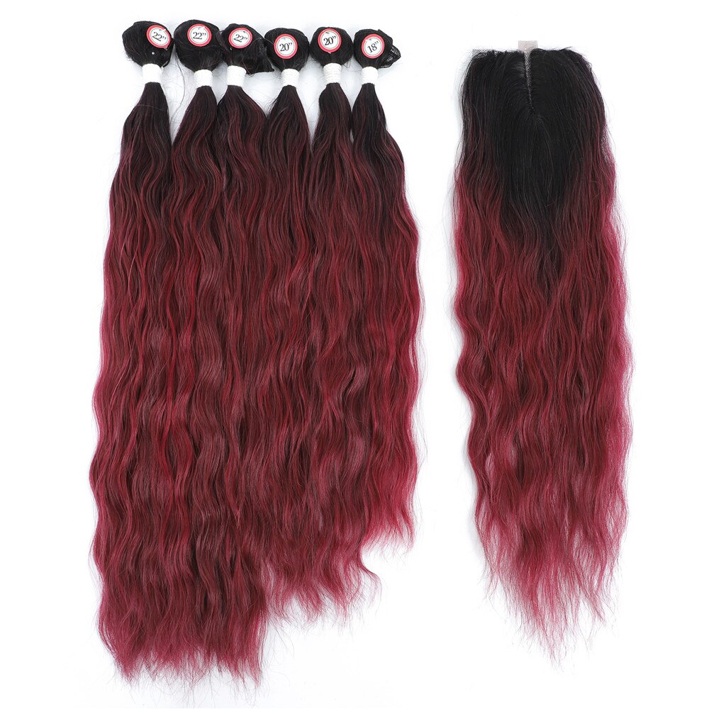 Synthetic Hair Bundles With Closure Middle Part Rose Pink Ombre Color Hair Extensions Weave For Women Long Natural Wave