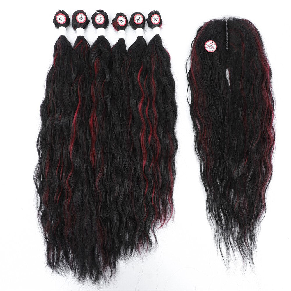 Synthetic Hair Bundles With Closure Middle Part Rose Pink Ombre Color Hair Extensions Weave For Women Long Natural Wave