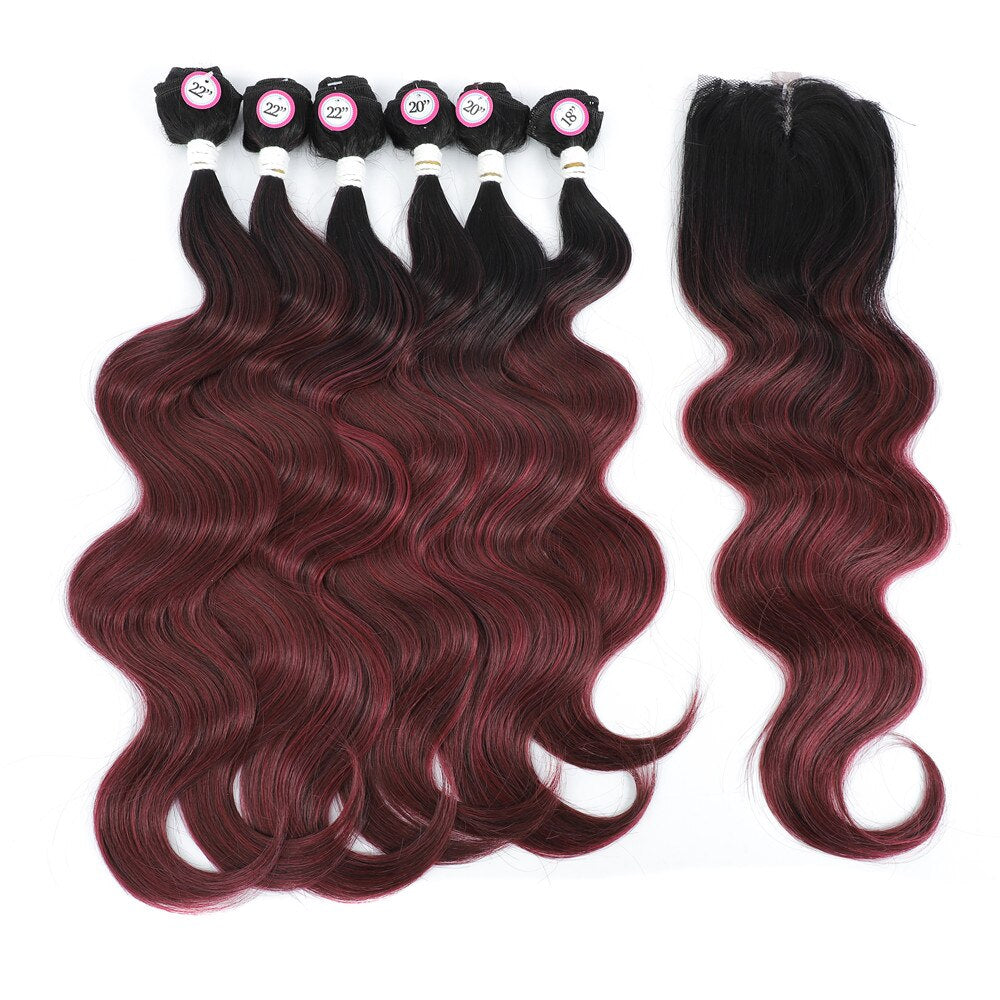 Red Ombre 6 Synthetic Bundles With Closure