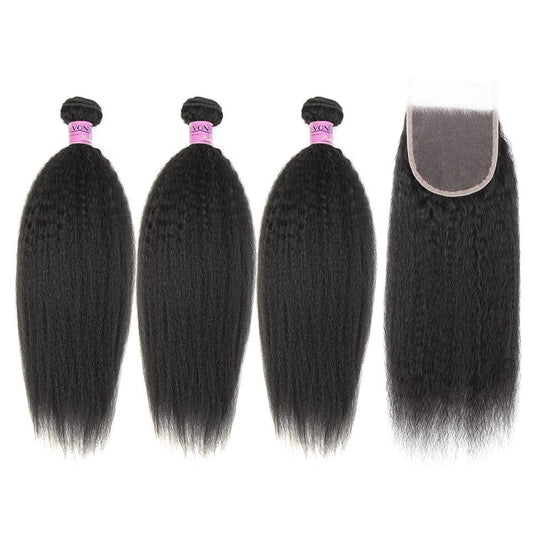 Kinky Straight Brazilian Bundles With Closure 3 Bundles with 4×4 Lace Closure