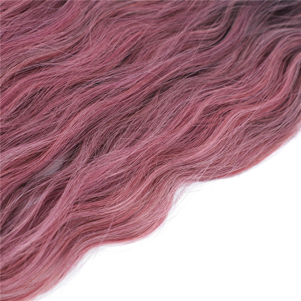 Synthetic Hair Bundles With Closure Middle Part Rose Pink Ombre Color Hair Extensions Weave For Women Long Natural Wave