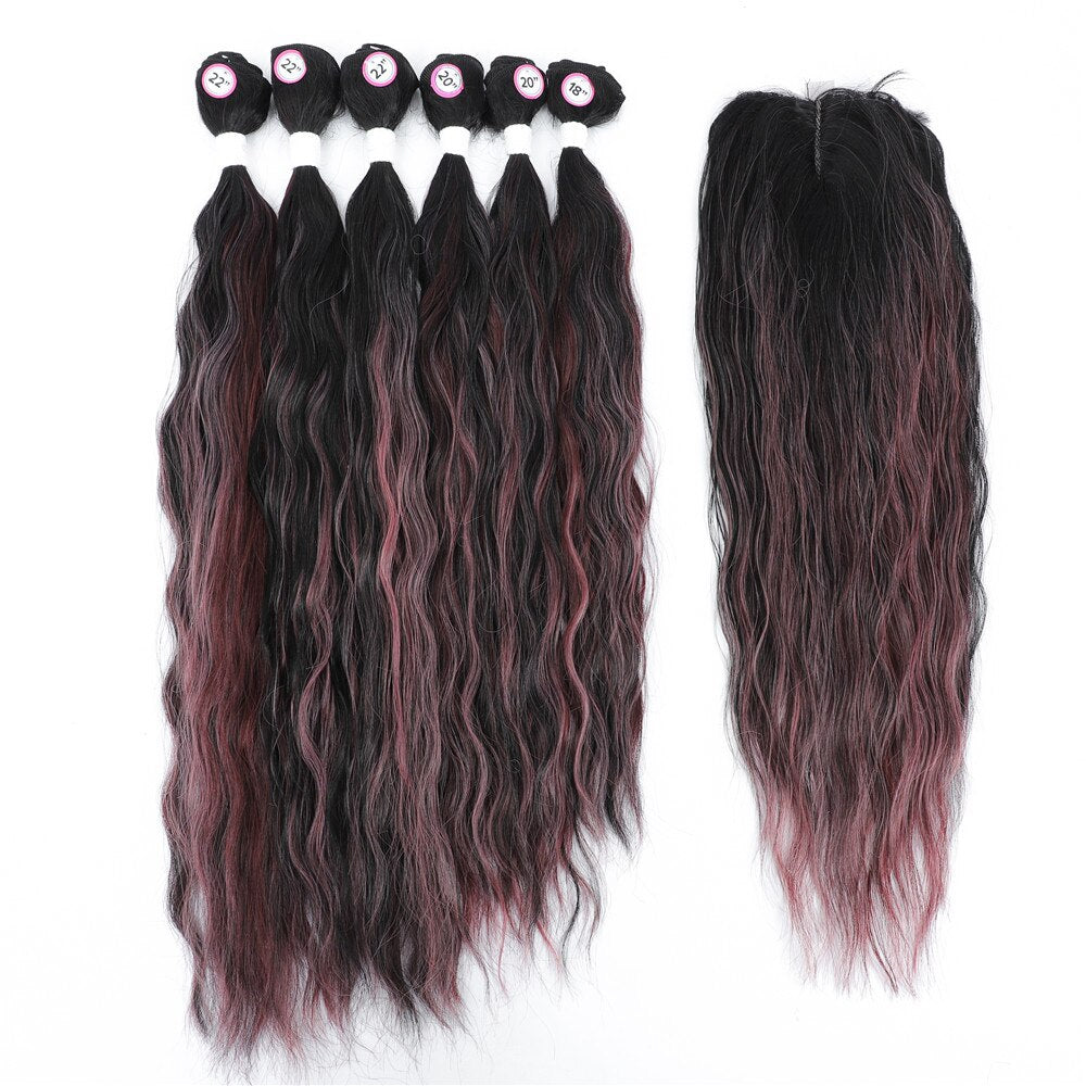 Synthetic Hair Bundles With Closure Middle Part Rose Pink Ombre Color Hair Extensions Weave For Women Long Natural Wave