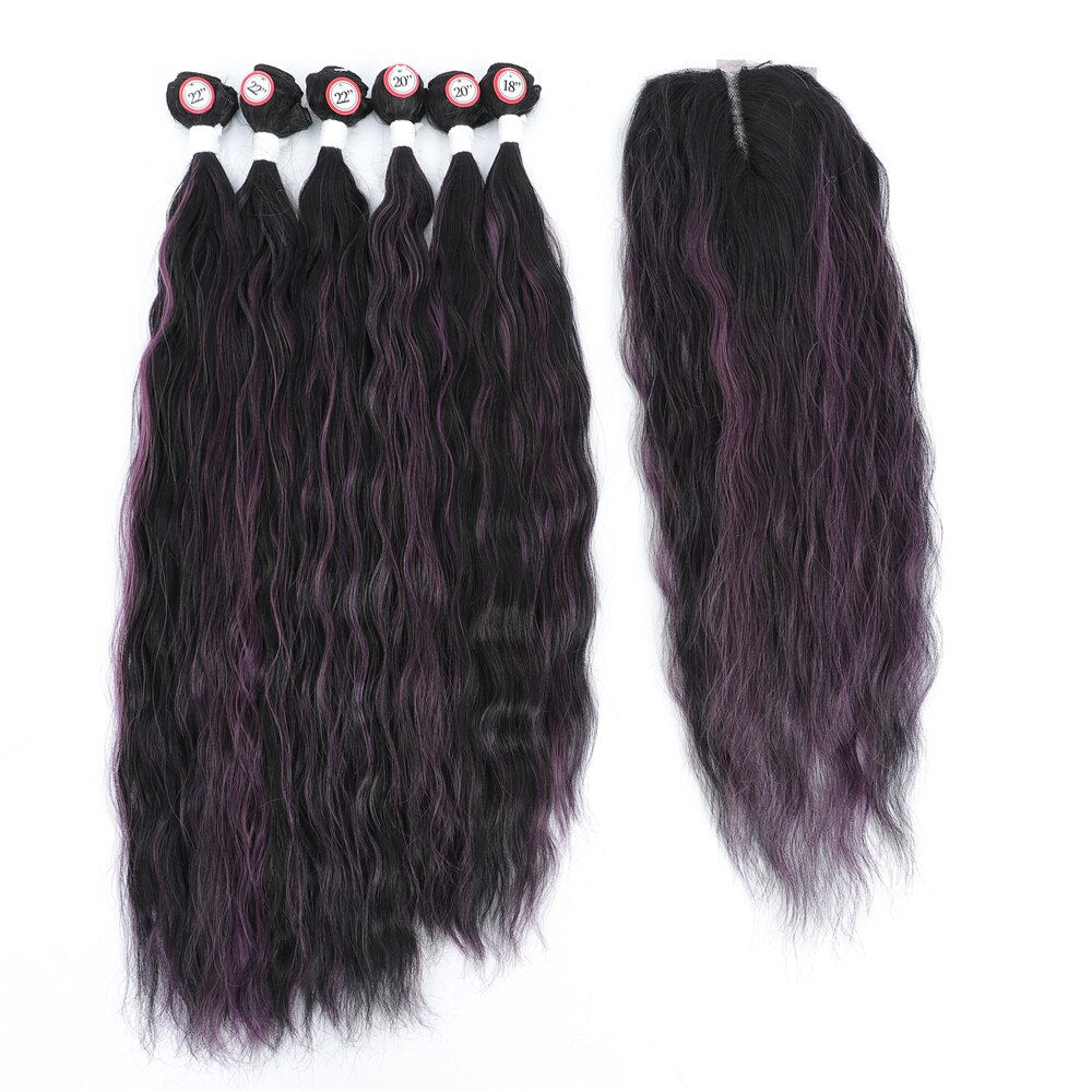 Synthetic Hair Bundles With Closure Middle Part Rose Pink Ombre Color Hair Extensions Weave For Women Long Natural Wave