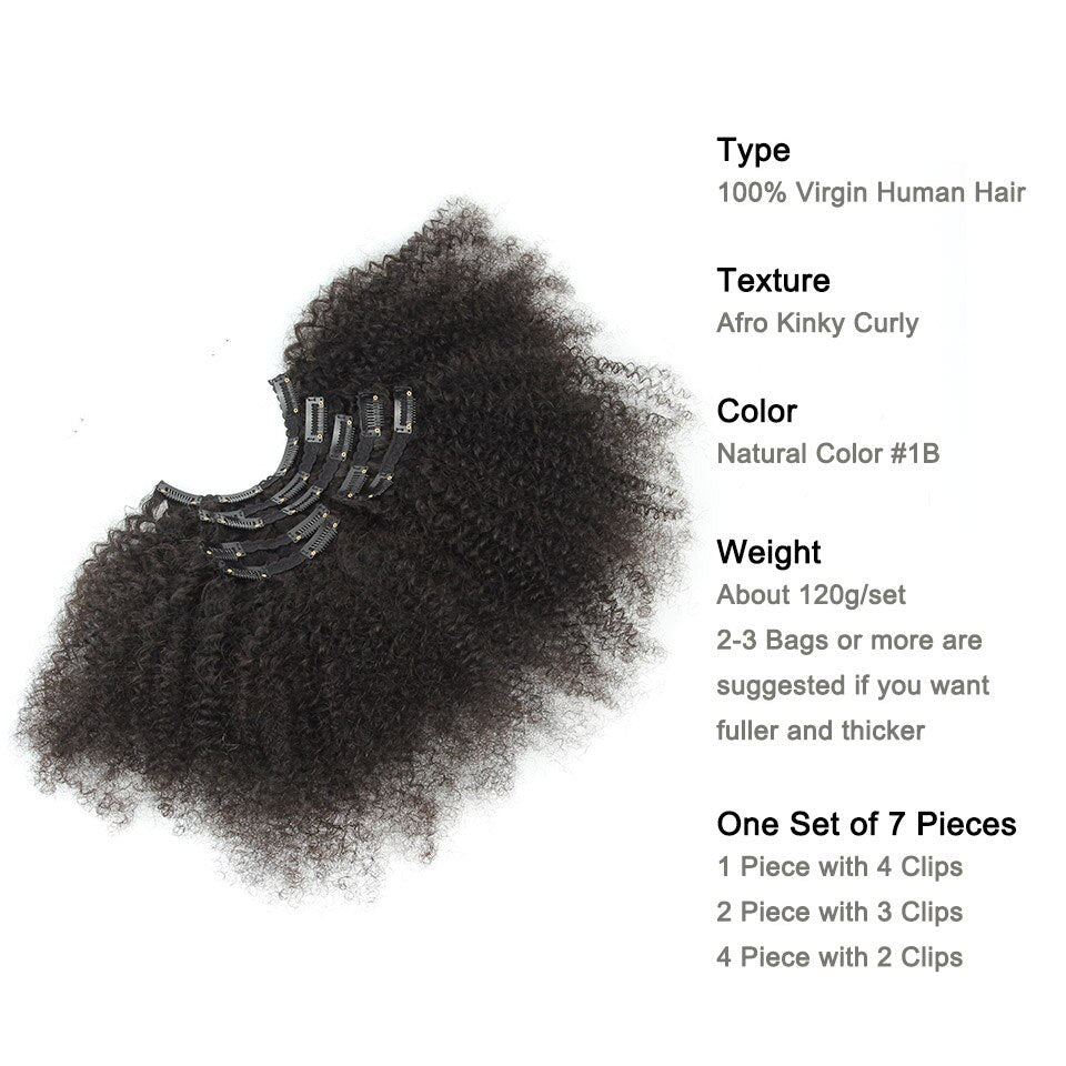 4A 4B Afro Kinky Curly Clip-In Human Hair Extensions