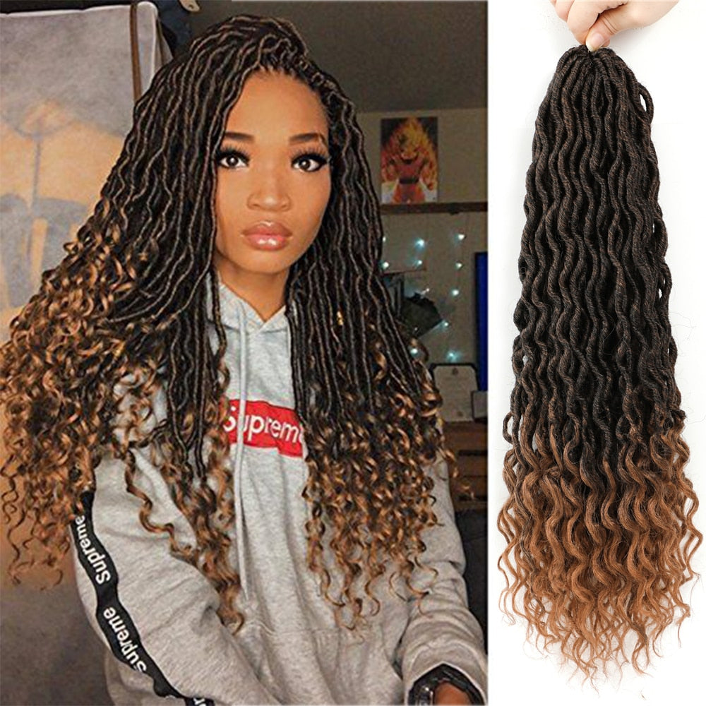 Curly Faux Locs Synthetic Crochet Braids Hair Extension Bohemian Goddess Soft Natural Ombre Brown Braids With Curly Ends