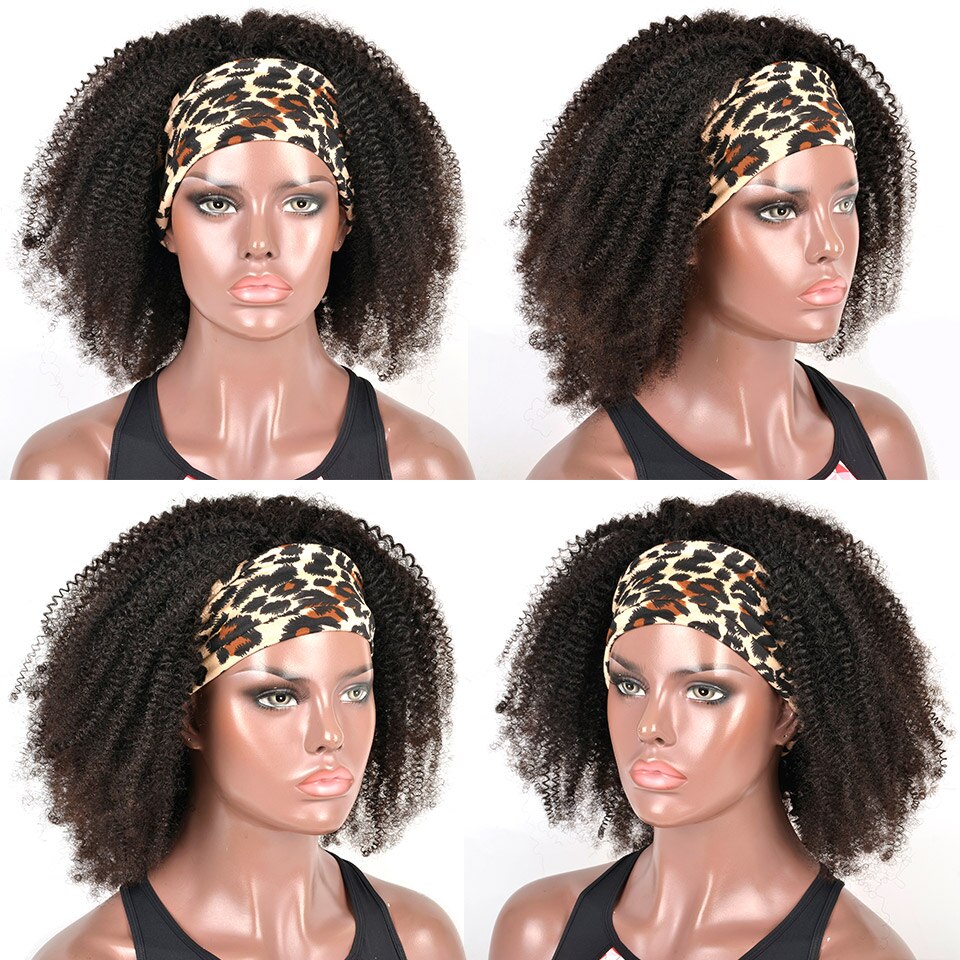 Kinky Curly Glueless Virgin Brazilian Hair Headband Wig With Pre-attached Scarf