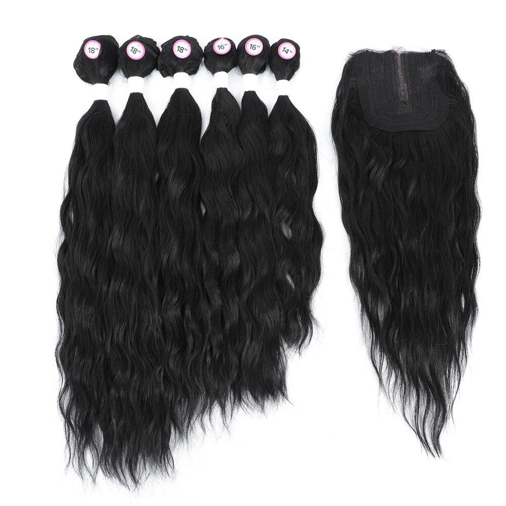 Synthetic Hair Bundles With Closure Middle Part Rose Pink Ombre Color Hair Extensions Weave For Women Long Natural Wave