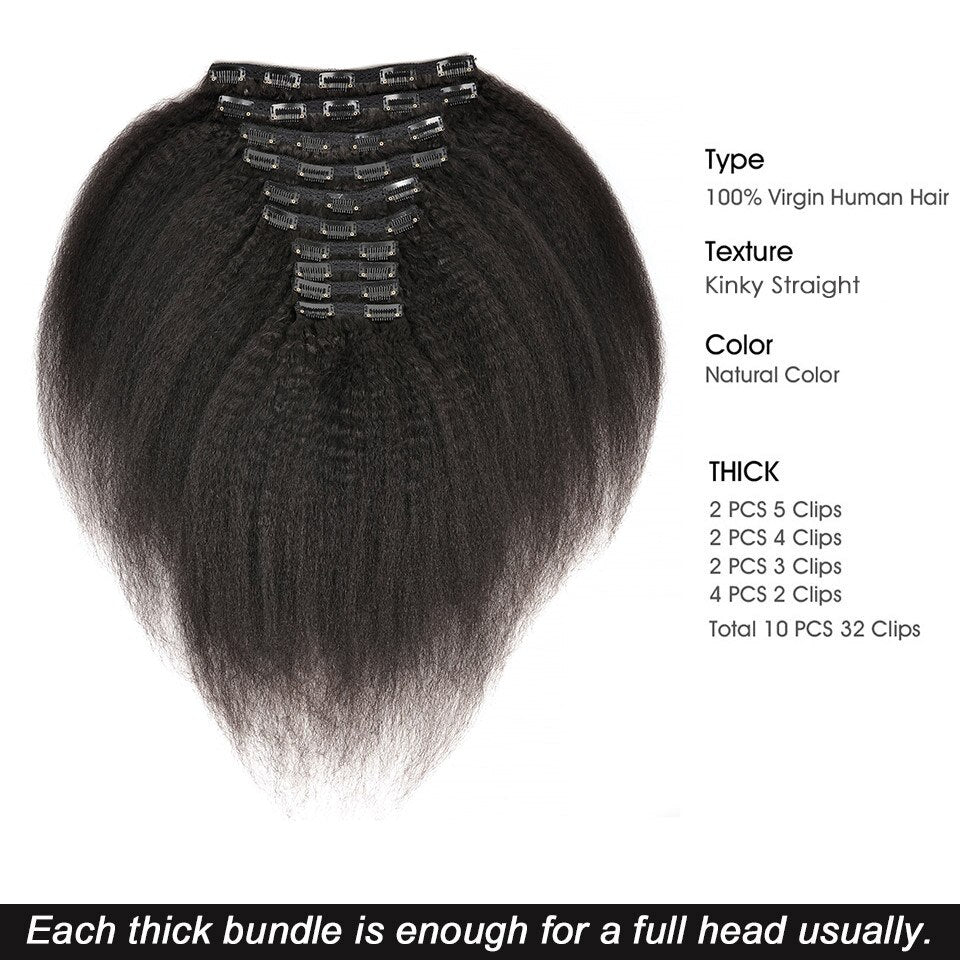 Kinky Straight Virgin Brazilian Clip In Human Hair Extensions Full Head 32 Clips 10 Pieces/Set