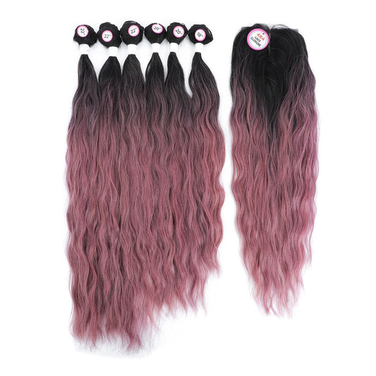 Synthetic Hair Bundles With Closure Middle Part Rose Pink Ombre Color Hair Extensions Weave For Women Long Natural Wave