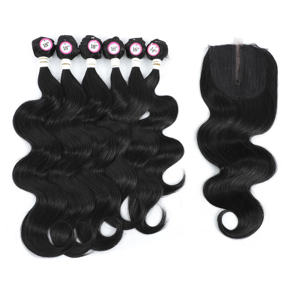 Body Wave Hair Bundles With Middle Part Closure Soft Synthetic Black